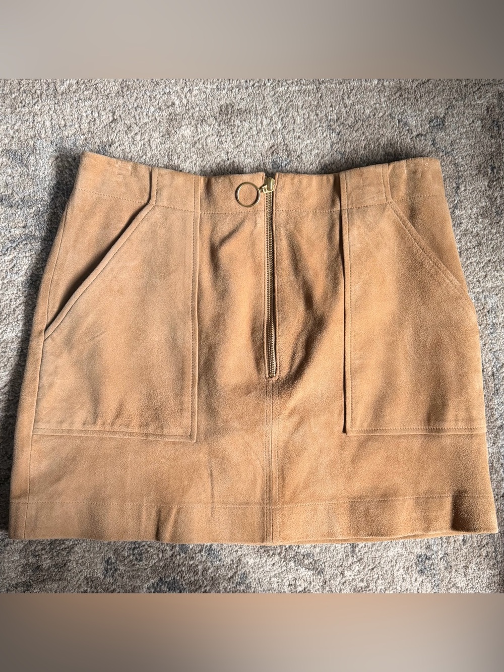 INTERMIX Camel Suede Front-Zip Mini Skirt